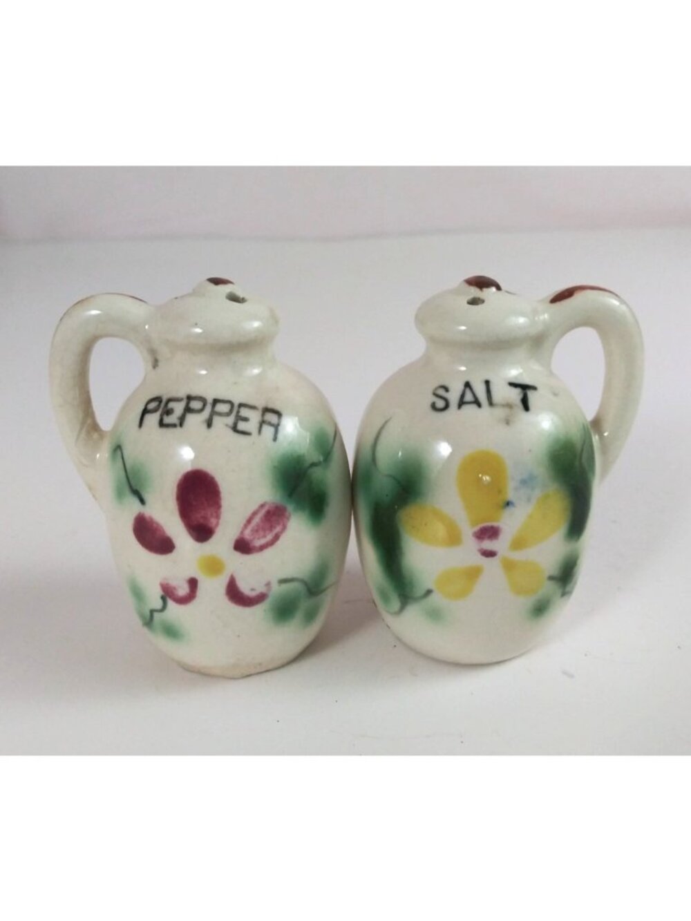 Vintage Hand Painted Ceramic Floral Jug Salt & Pepper Shakers Japan
